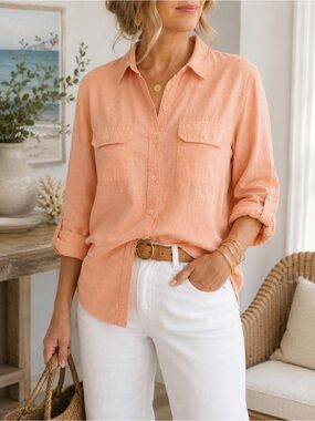 Claiborne Linen Blend Button Up Shirt Peach Roll Tab Oversized L
